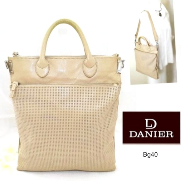 DANIER Tall Leather Tote Sand Cream Shoulder Crossbody Bag Carryall Perforated - Picture 1 of 10